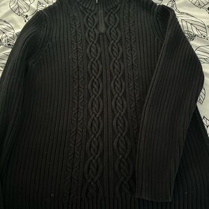 Lands' End Black Zip Up Sweater with Cable Knit Design